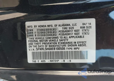2014 Honda Odyssey Ex-L from USA, damaged, VIN 5FNRL5H68EB100506